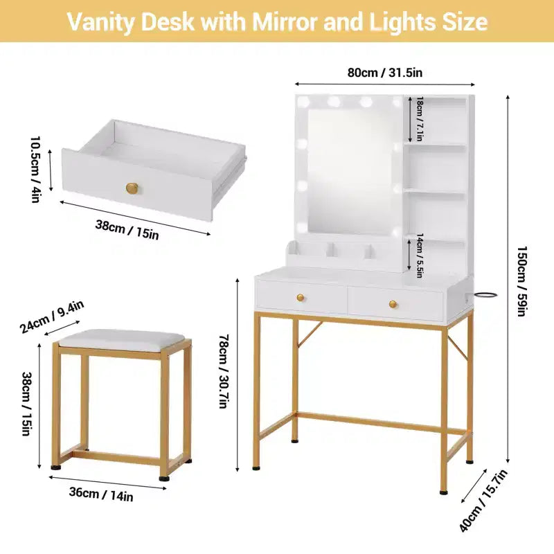 Toeletta per trucco con specchio a LED e stazione di ricarica, tavolo da trucco con 3 modalità di illuminazione, cassetti portaoggetti, ripiani e sgabello per camera da letto, bianco