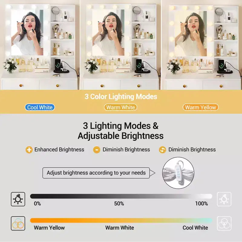Toeletta per trucco con specchio a LED e stazione di ricarica, tavolo da trucco con 3 modalità di illuminazione, cassetti portaoggetti, ripiani e sgabello per camera da letto, bianco