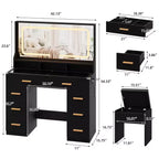 Scrivania Trucco Vanity da 107 cm con Specchio LED e Stazione di Ricarica, Tavolo da Toeletta con 8 Cassetti e Piano in Vetro, Portacapelli e Sgabello Imbottito per la Camera da Letto