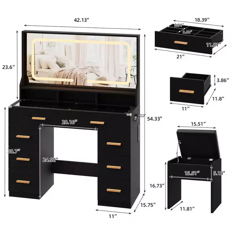 Scrivania Trucco Vanity da 107 cm con Specchio LED e Stazione di Ricarica, Tavolo da Toeletta con 8 Cassetti e Piano in Vetro, Portacapelli e Sgabello Imbottito per la Camera da Letto