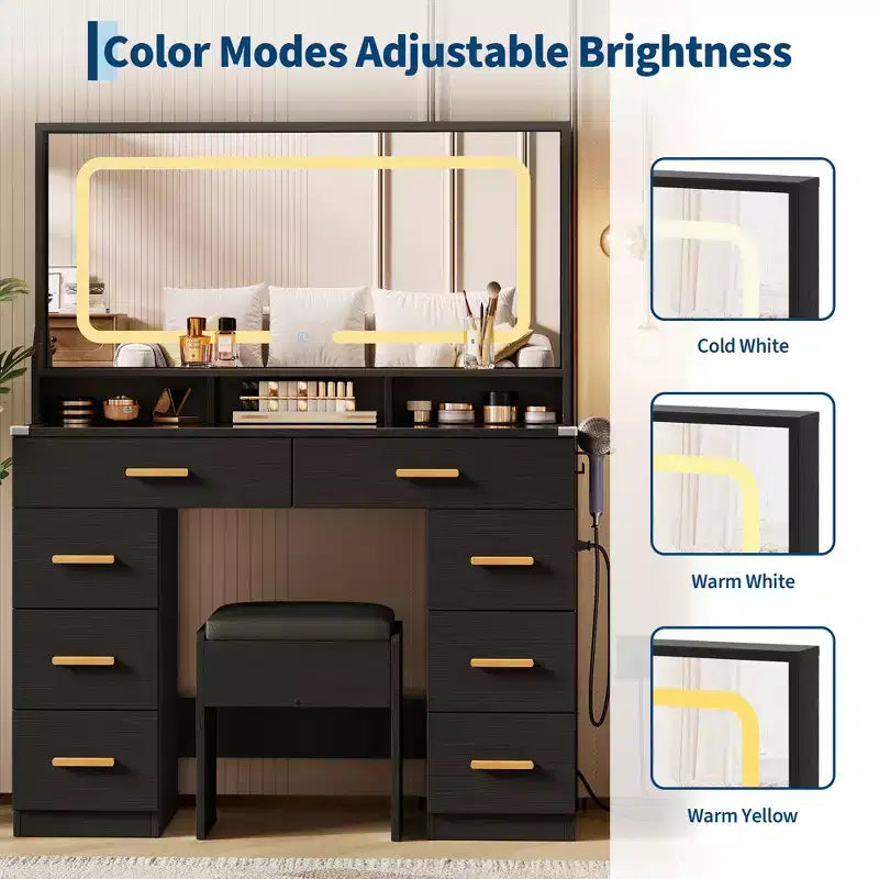 Scrivania Trucco Vanity da 107 cm con Specchio LED e Stazione di Ricarica, Tavolo da Toeletta con 8 Cassetti e Piano in Vetro, Portacapelli e Sgabello Imbottito per la Camera da Letto