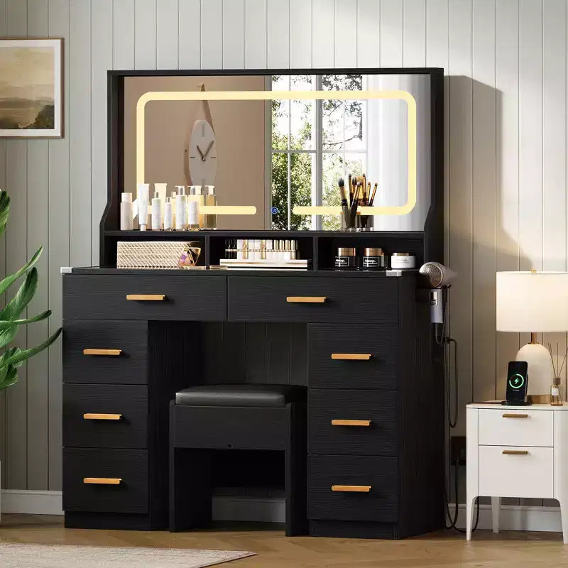 Scrivania Trucco Vanity da 107 cm con Specchio LED e Stazione di Ricarica, Tavolo da Toeletta con 8 Cassetti e Piano in Vetro, Portacapelli e Sgabello Imbottito per la Camera da Letto