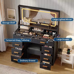 Scrivania Trucco Vanity da 107 cm con Specchio LED e Stazione di Ricarica, Tavolo da Toeletta con 8 Cassetti e Piano in Vetro, Portacapelli e Sgabello Imbottito per la Camera da Letto