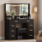 Scrivania Trucco Vanity da 107 cm con Specchio LED e Stazione di Ricarica, Tavolo da Toeletta con 8 Cassetti e Piano in Vetro, Portacapelli e Sgabello Imbottito per la Camera da Letto