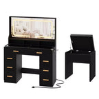 Scrivania Trucco Vanity da 107 cm con Specchio LED e Stazione di Ricarica, Tavolo da Toeletta con 8 Cassetti e Piano in Vetro, Portacapelli e Sgabello Imbottito per la Camera da Letto