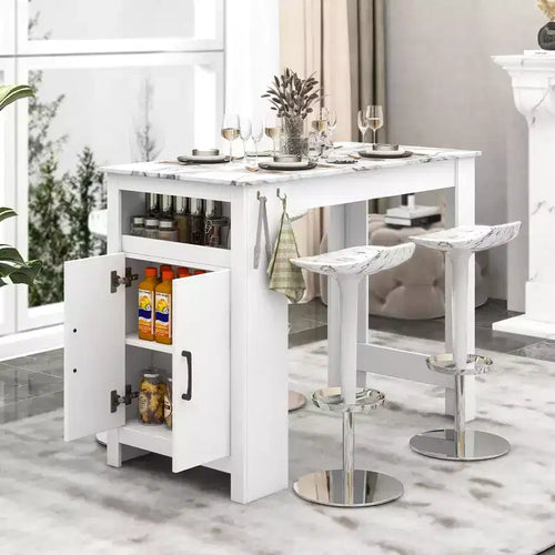 Tavolo da Bar Alto da 47 Pollici con Piano Effetto Marmo e Armadietto