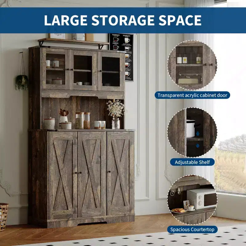 Dispensa da Cucina Versatile Autoportante - Marrone Rustico, Stazione di Ricarica Integrata, Ampio Piano di Lavoro, Credenza Alta con Ante e Ripiani