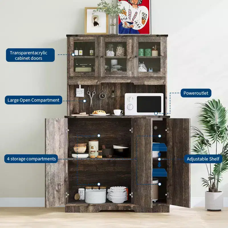 Dispensa da Cucina Versatile Autoportante - Marrone Rustico, Stazione di Ricarica Integrata, Ampio Piano di Lavoro, Credenza Alta con Ante e Ripiani