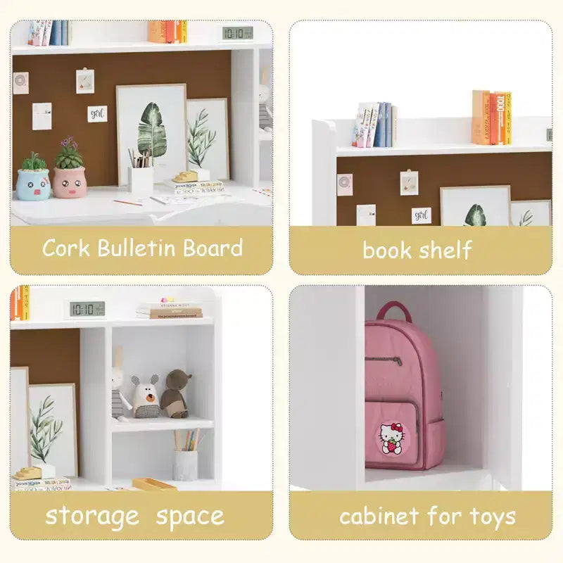 Scrivania e sedia per bambini con libreria e mobiletto contenitore, tavolo da studio in legno, ergonomica, per camera da letto, studio