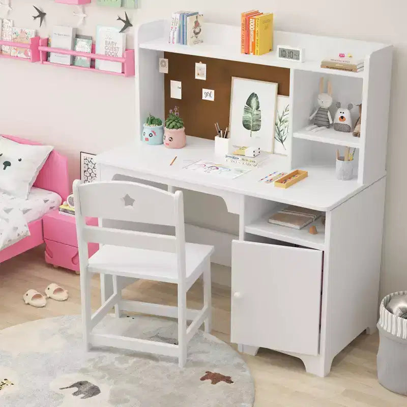 Scrivania e sedia per bambini con libreria e mobiletto contenitore, tavolo da studio in legno, ergonomica, per camera da letto, studio