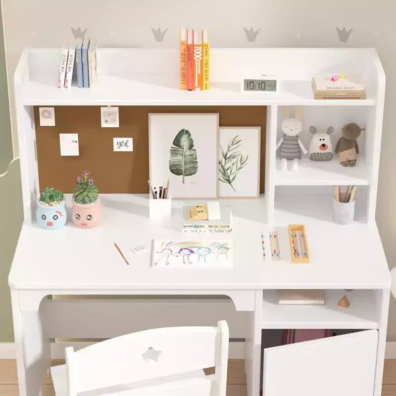 Scrivania e sedia per bambini con libreria e mobiletto contenitore, tavolo da studio in legno, ergonomica, per camera da letto, studio