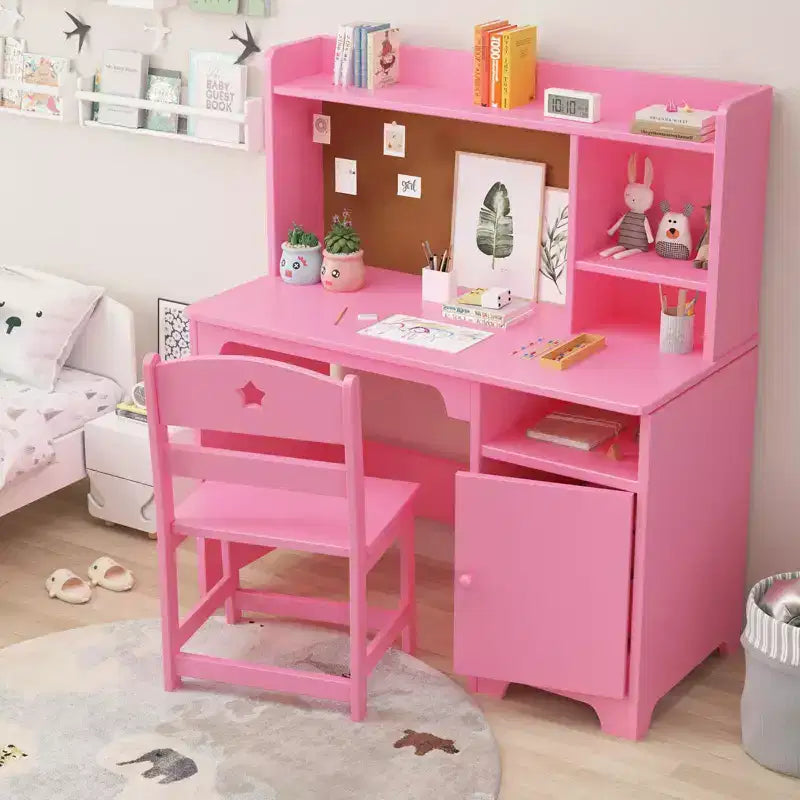 Scrivania e sedia per bambini con libreria e mobiletto contenitore, tavolo da studio in legno, ergonomica, per camera da letto, studio