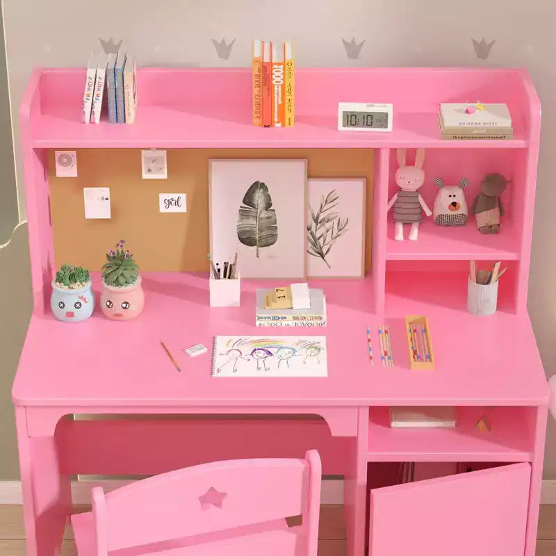Scrivania e sedia per bambini con libreria e mobiletto contenitore, tavolo da studio in legno, ergonomica, per camera da letto, studio