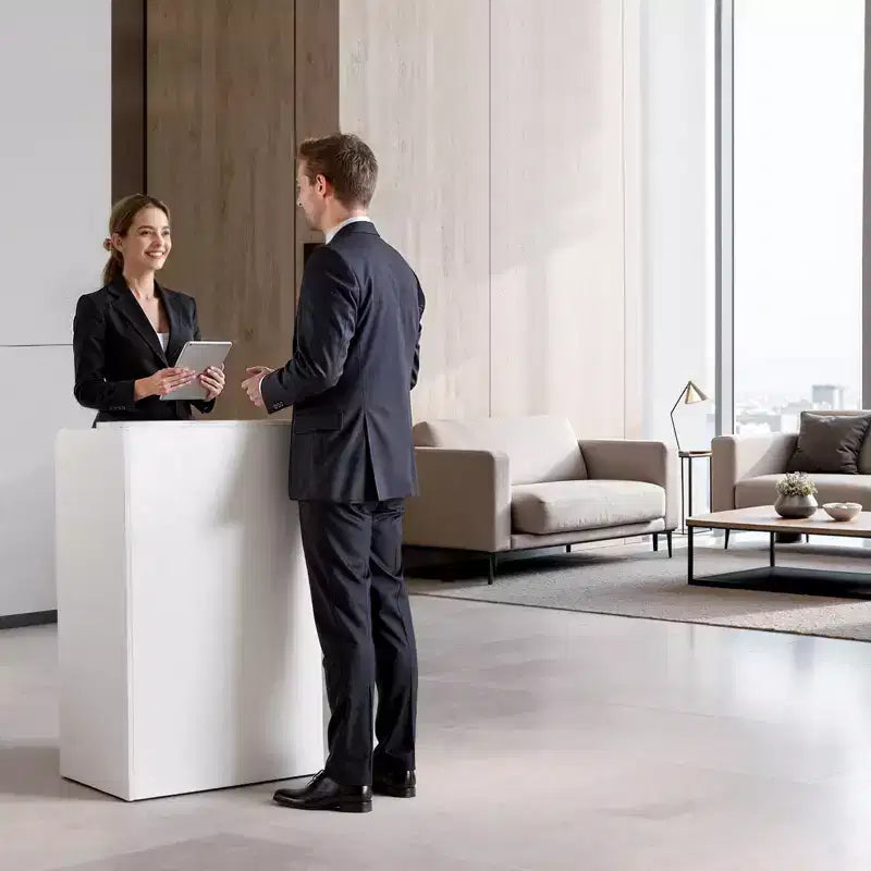 Bancone reception, Tavolo reception rettangolare da 23,6 pollici, Bancone reception moderno con cassetto, Tavolo bancone piccolo e minimalista, Bianco