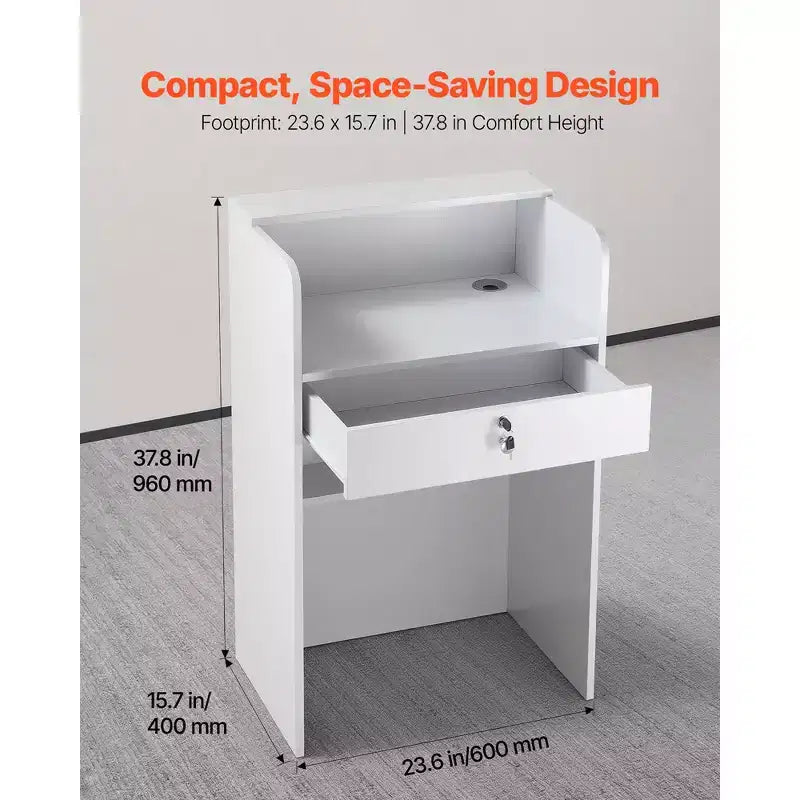 Bancone reception, Tavolo reception rettangolare da 23,6 pollici, Bancone reception moderno con cassetto, Tavolo bancone piccolo e minimalista, Bianco