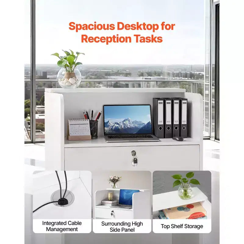 Bancone reception, Tavolo reception rettangolare da 23,6 pollici, Bancone reception moderno con cassetto, Tavolo bancone piccolo e minimalista, Bianco
