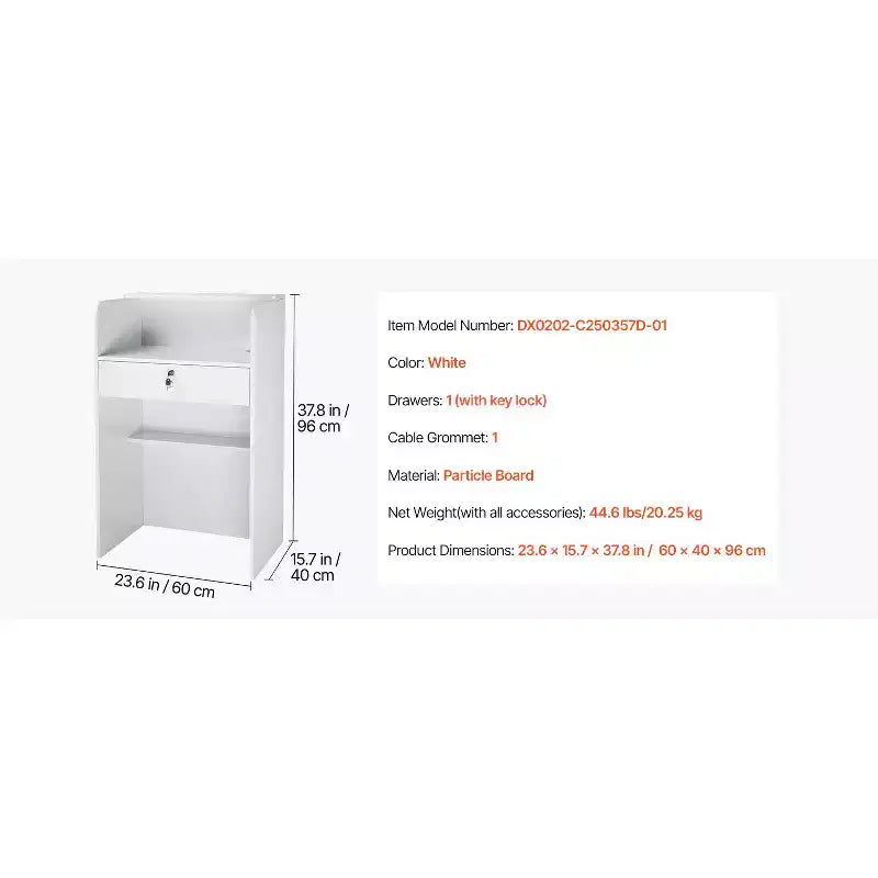 Bancone reception, Tavolo reception rettangolare da 23,6 pollici, Bancone reception moderno con cassetto, Tavolo bancone piccolo e minimalista, Bianco