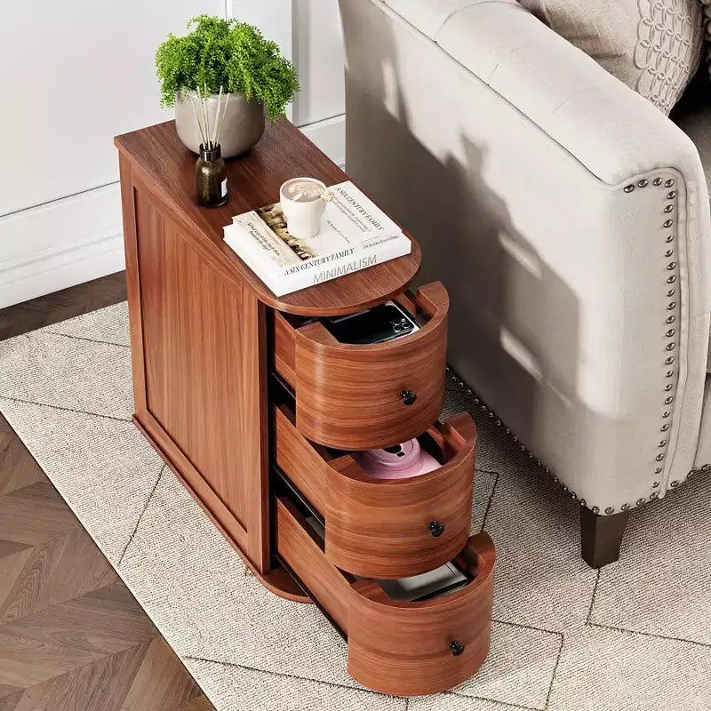 Tavolino con 3 Cassetti per Letto o Divano, Comodino Stretto e Sottile, Mobiletto Salvaspazio per Angolo Soggiorno/Camera da Letto, Noce