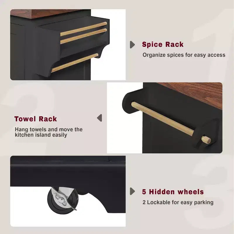 Carrello da Cucina con Isola e Piano di Lavoro Effetto Legno, 2 Cassetti, Mobiletto e Portaspezie