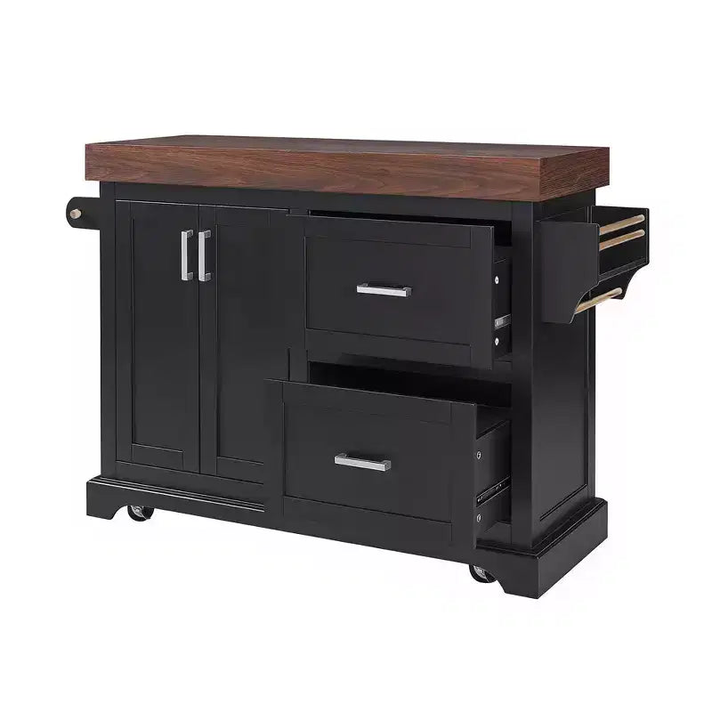 Carrello da Cucina con Isola e Piano di Lavoro Effetto Legno, 2 Cassetti, Mobiletto e Portaspezie