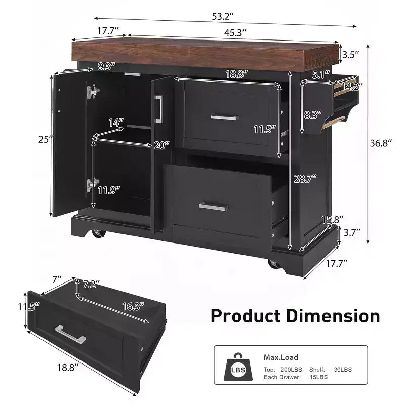 Carrello da Cucina con Isola e Piano di Lavoro Effetto Legno, 2 Cassetti, Mobiletto e Portaspezie