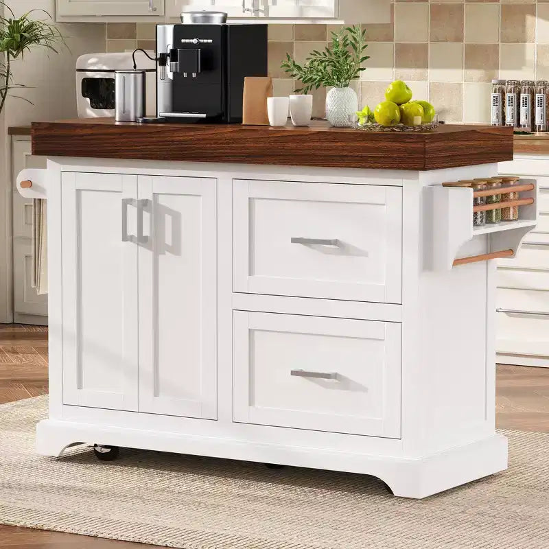 Carrello da Cucina con Isola e Piano di Lavoro Effetto Legno, 2 Cassetti, Mobiletto e Portaspezie