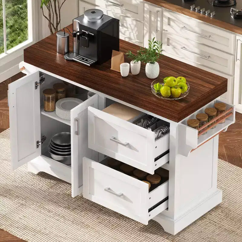 Carrello da Cucina con Isola e Piano di Lavoro Effetto Legno, 2 Cassetti, Mobiletto e Portaspezie