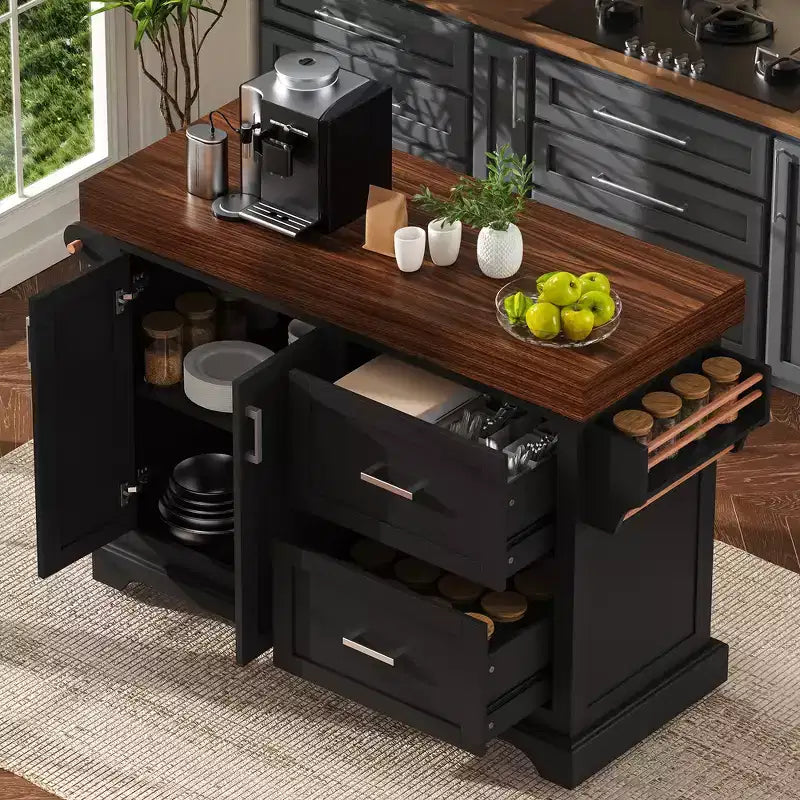 Carrello da Cucina con Isola e Piano di Lavoro Effetto Legno, 2 Cassetti, Mobiletto e Portaspezie