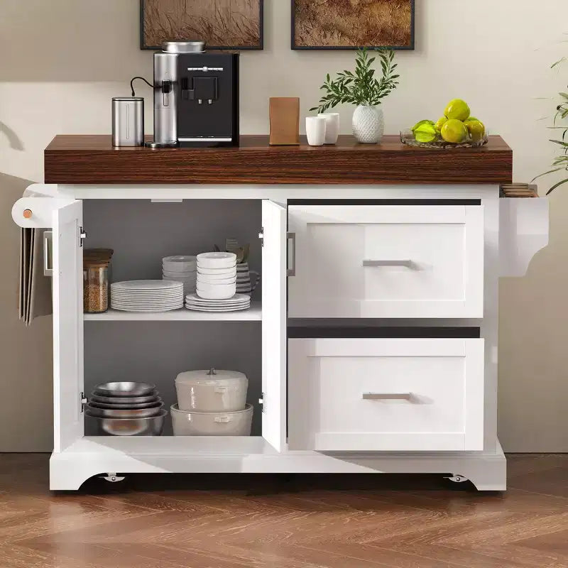 Carrello da Cucina con Isola e Piano di Lavoro Effetto Legno, 2 Cassetti, Mobiletto e Portaspezie