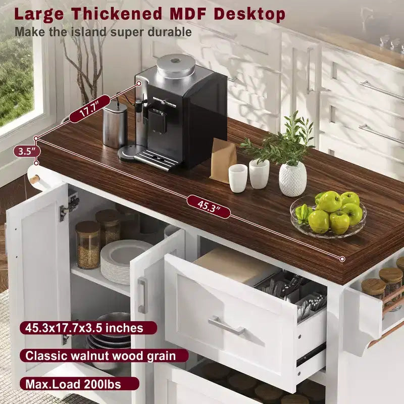 Carrello da Cucina con Isola e Piano di Lavoro Effetto Legno, 2 Cassetti, Mobiletto e Portaspezie