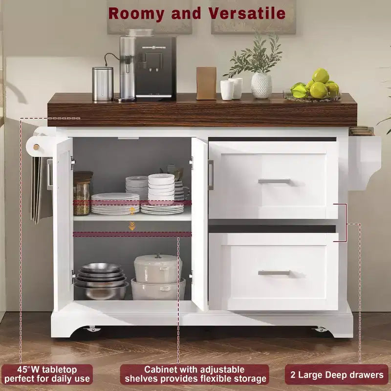 Carrello da Cucina con Isola e Piano di Lavoro Effetto Legno, 2 Cassetti, Mobiletto e Portaspezie