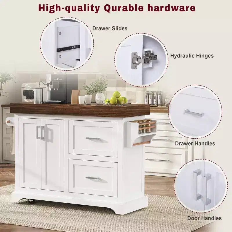 Carrello da Cucina con Isola e Piano di Lavoro Effetto Legno, 2 Cassetti, Mobiletto e Portaspezie