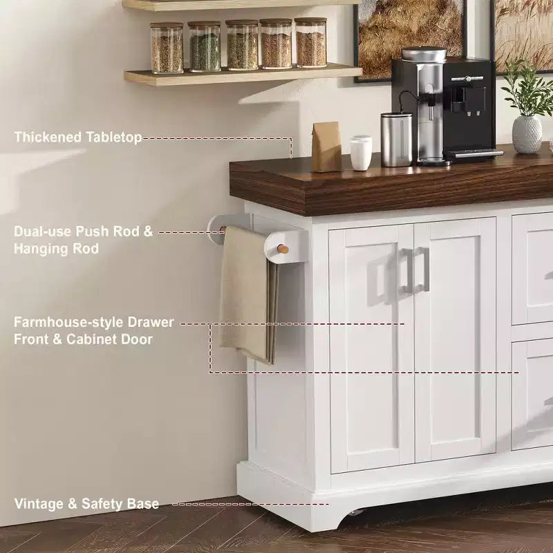 Carrello da Cucina con Isola e Piano di Lavoro Effetto Legno, 2 Cassetti, Mobiletto e Portaspezie