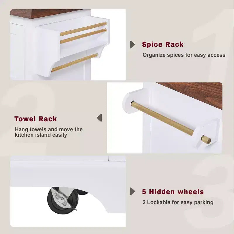 Carrello da Cucina con Isola e Piano di Lavoro Effetto Legno, 2 Cassetti, Mobiletto e Portaspezie