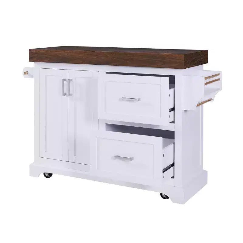 Carrello da Cucina con Isola e Piano di Lavoro Effetto Legno, 2 Cassetti, Mobiletto e Portaspezie