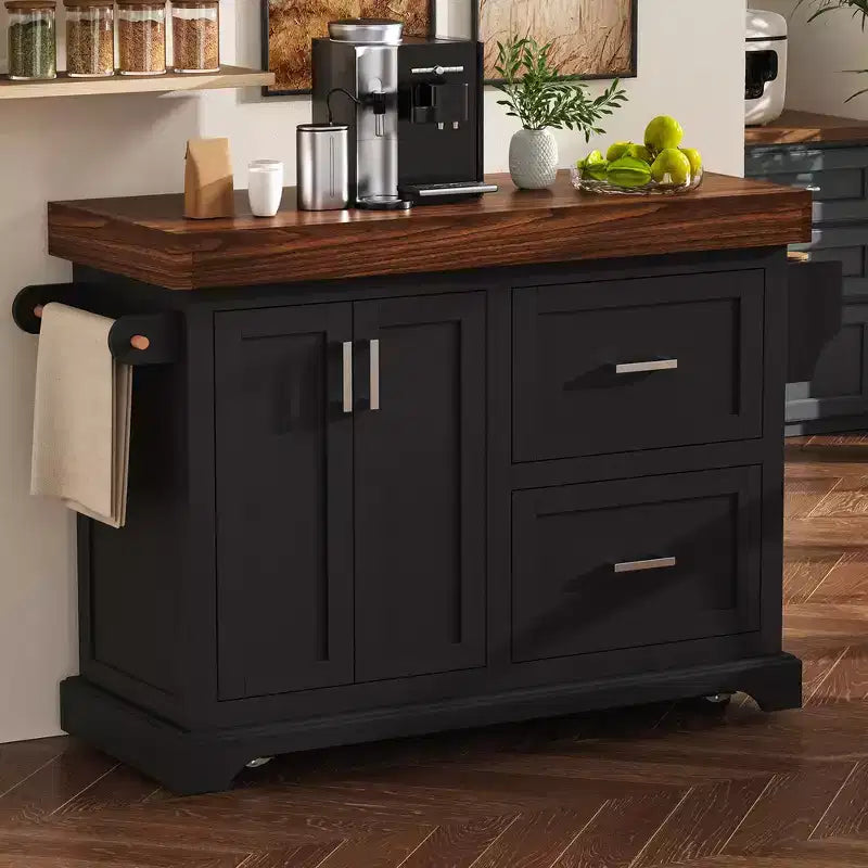 Carrello da Cucina con Isola e Piano di Lavoro Effetto Legno, 2 Cassetti, Mobiletto e Portaspezie
