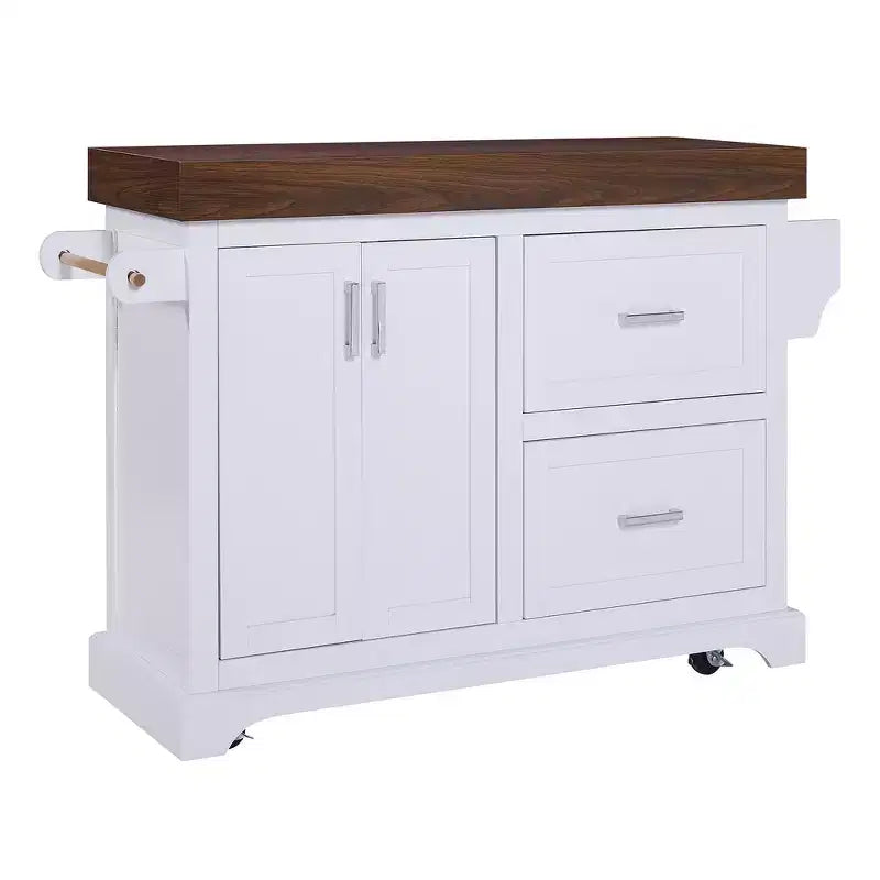Carrello da Cucina con Isola e Piano di Lavoro Effetto Legno, 2 Cassetti, Mobiletto e Portaspezie