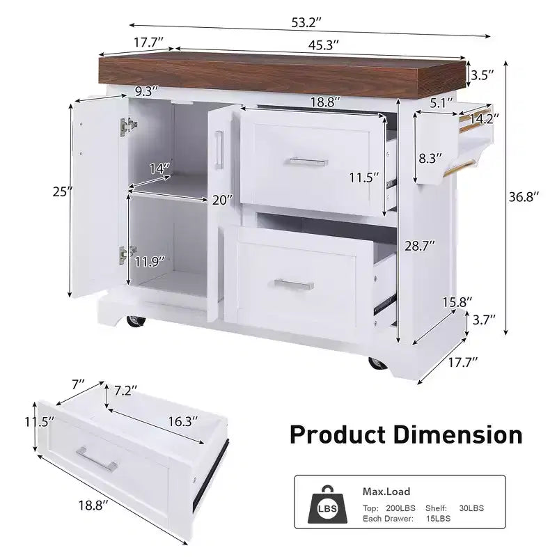 Carrello da Cucina con Isola e Piano di Lavoro Effetto Legno, 2 Cassetti, Mobiletto e Portaspezie