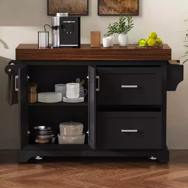 Carrello da Cucina con Isola e Piano di Lavoro Effetto Legno, 2 Cassetti, Mobiletto e Portaspezie