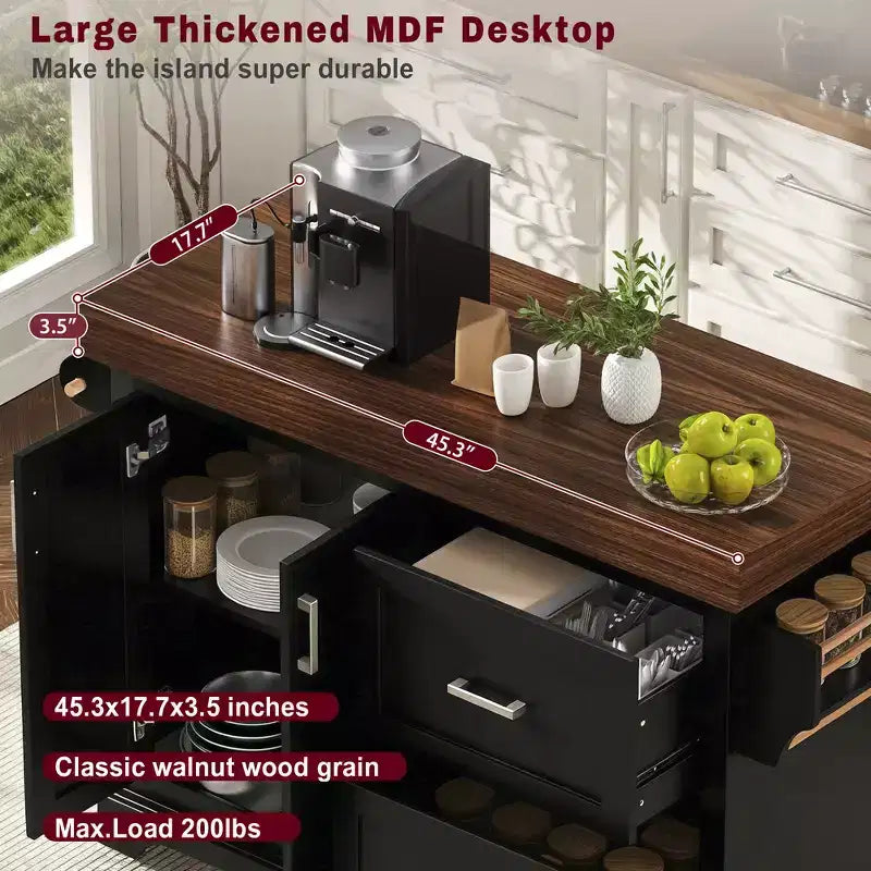Carrello da Cucina con Isola e Piano di Lavoro Effetto Legno, 2 Cassetti, Mobiletto e Portaspezie