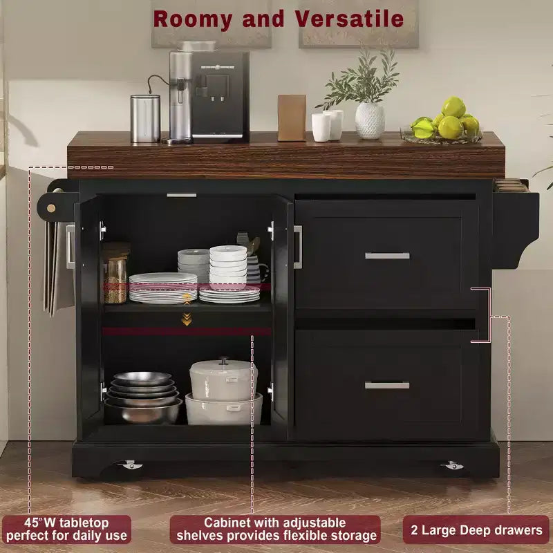 Carrello da Cucina con Isola e Piano di Lavoro Effetto Legno, 2 Cassetti, Mobiletto e Portaspezie