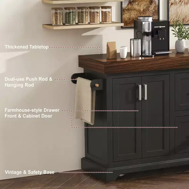 Carrello da Cucina con Isola e Piano di Lavoro Effetto Legno, 2 Cassetti, Mobiletto e Portaspezie
