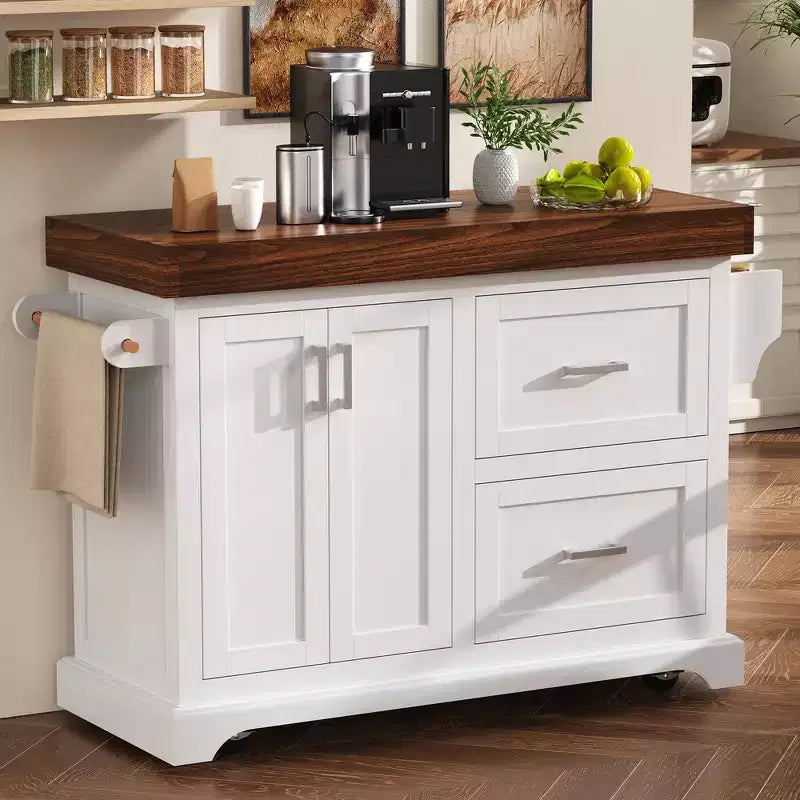 Carrello da Cucina con Isola e Piano di Lavoro Effetto Legno, 2 Cassetti, Mobiletto e Portaspezie