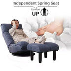 Poltrona Girevole da Terra con Pouf, Poltrona Relax Reclinabile Regolabile con Poggiapiedi, Sedia Gaming per Meditazione per Soggiorno Camera da Letto, Blu