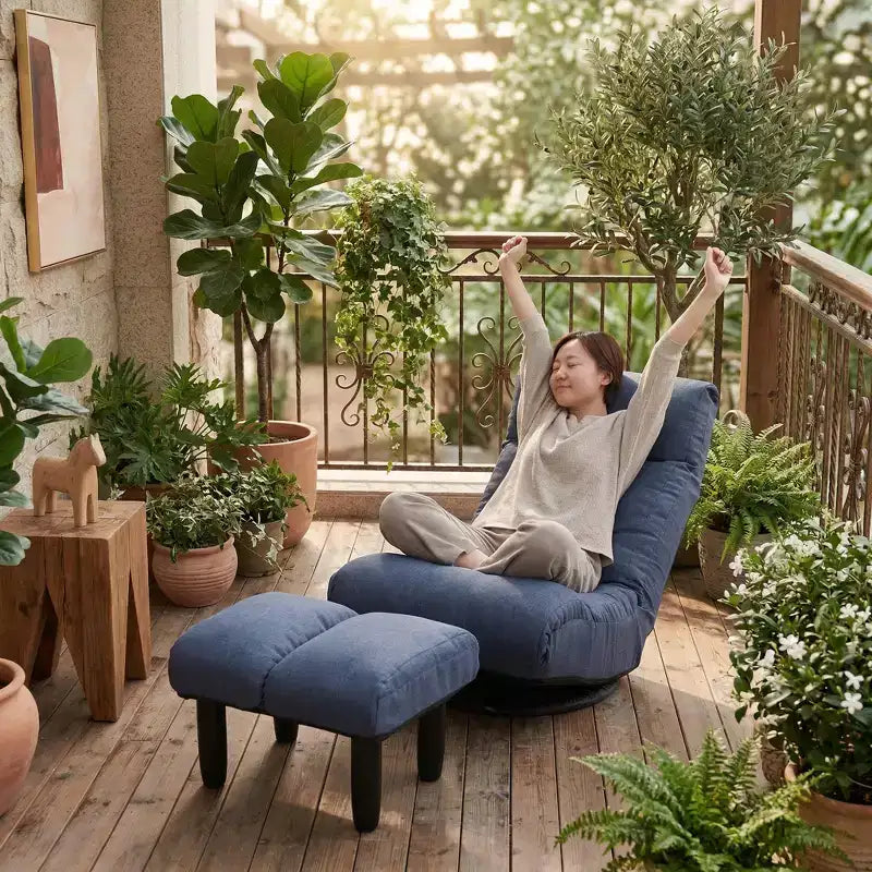 Poltrona Girevole da Terra con Pouf, Poltrona Relax Reclinabile Regolabile con Poggiapiedi, Sedia Gaming per Meditazione per Soggiorno Camera da Letto, Blu