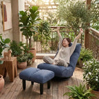 Poltrona Girevole da Terra con Pouf, Poltrona Relax Reclinabile Regolabile con Poggiapiedi, Sedia Gaming per Meditazione per Soggiorno Camera da Letto, Blu