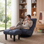 Poltrona Girevole da Terra con Pouf, Poltrona Relax Reclinabile Regolabile con Poggiapiedi, Sedia Gaming per Meditazione per Soggiorno Camera da Letto, Blu