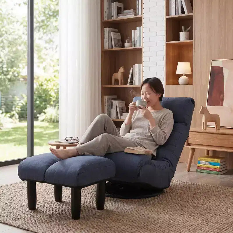 Poltrona Girevole da Terra con Pouf, Poltrona Relax Reclinabile Regolabile con Poggiapiedi, Sedia Gaming per Meditazione per Soggiorno Camera da Letto, Blu