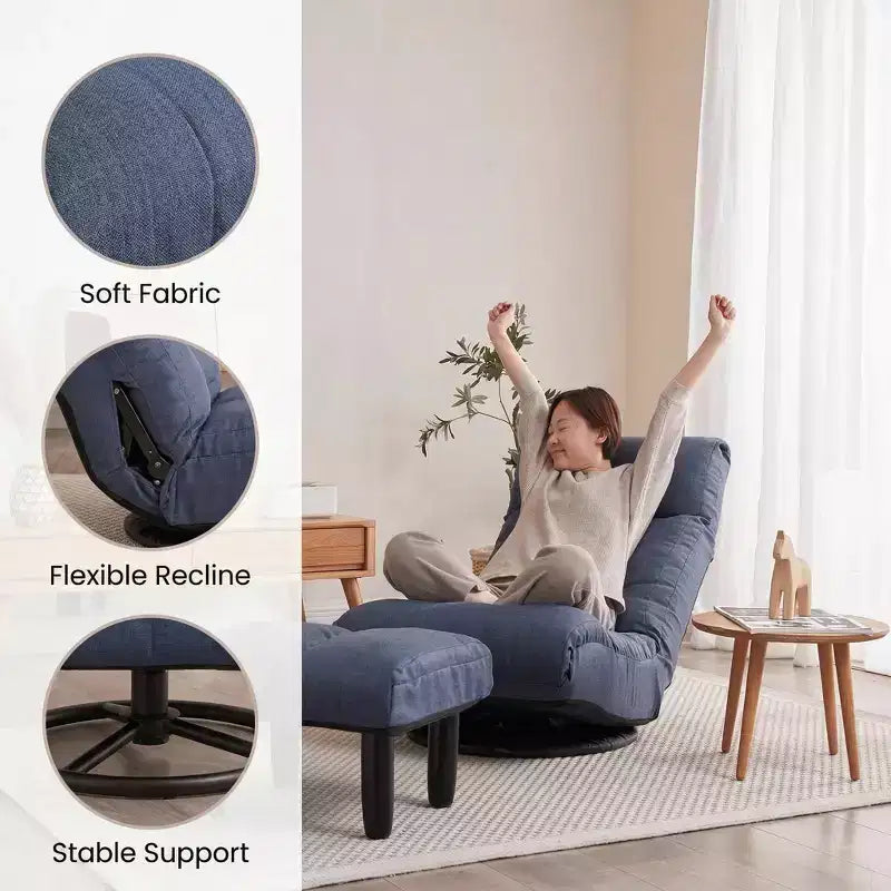 Poltrona Girevole da Terra con Pouf, Poltrona Relax Reclinabile Regolabile con Poggiapiedi, Sedia Gaming per Meditazione per Soggiorno Camera da Letto, Blu