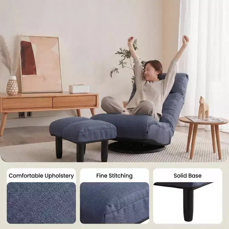 Poltrona Girevole da Terra con Pouf, Poltrona Relax Reclinabile Regolabile con Poggiapiedi, Sedia Gaming per Meditazione per Soggiorno Camera da Letto, Blu